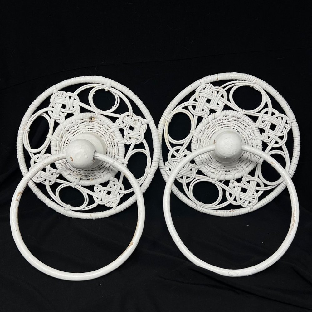 Pair of‎ Wicker Rattan Round Wall Mount Towel Ring White - Vintage Used